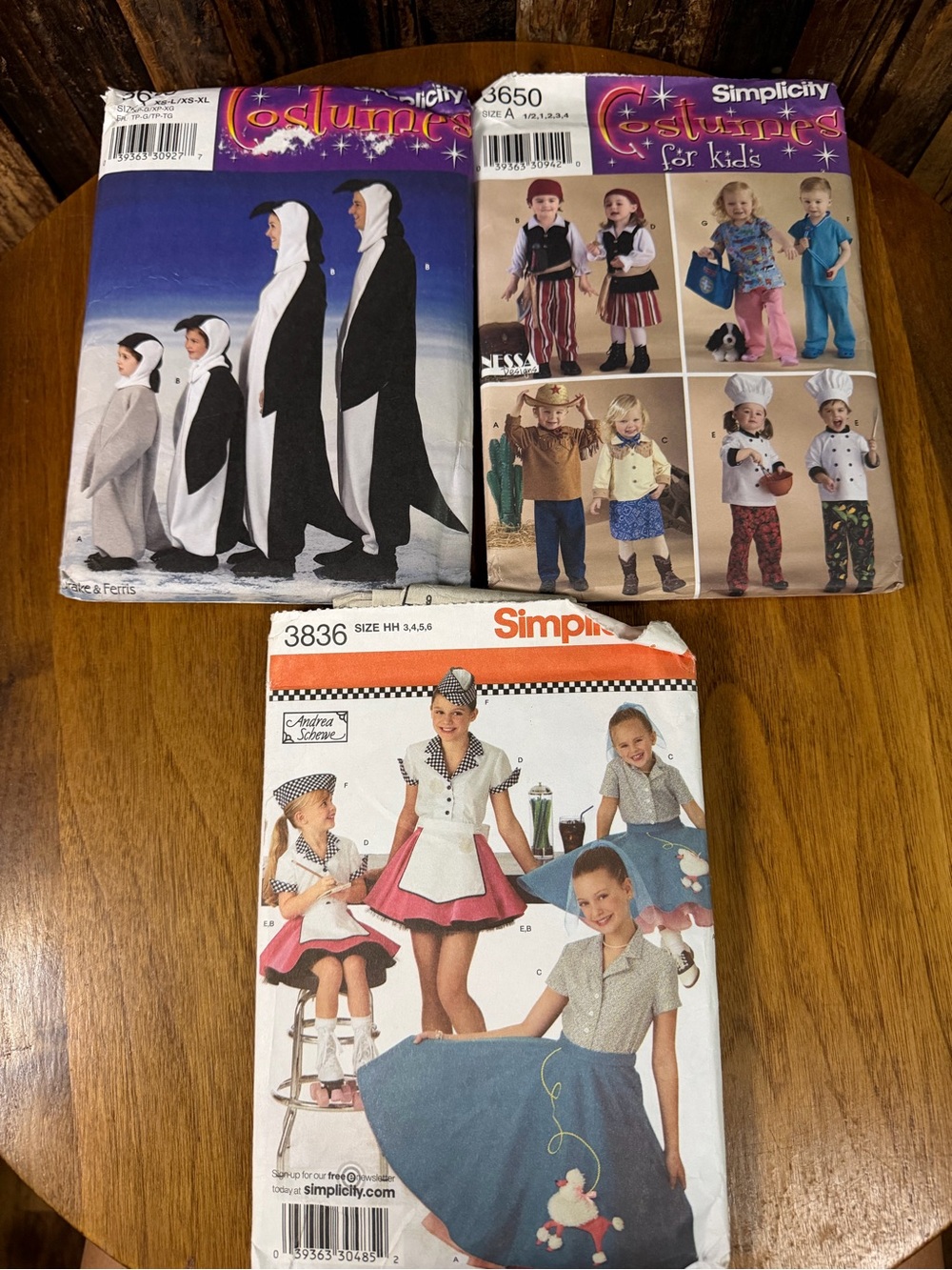 Lot of 3 Simplicity Kids Costume Patterns penguin poodle skirt chef cowboy